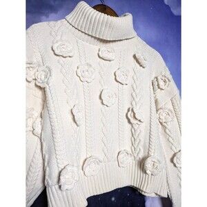 For Love & Lemons Cream Floral Cable Knit Sweater Size L Coquette Cottagecore